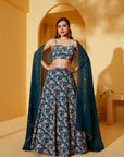 Teal Floral Printed Lehenga Set with Embroidered Dupatta