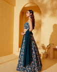 Teal Floral Printed Lehenga Set with Embroidered Dupatta