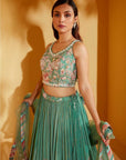 Green Sleeveless Mirror Work Lehenga Set with Pleated Skirt and Net Dupatta