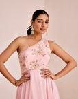 One Shoulder Hand Embroidered Gown with Cutwork Neckline