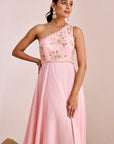One Shoulder Hand Embroidered Gown with Cutwork Neckline