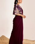 Pre-Draped Saree with Plain Blouse and Embellished Cape