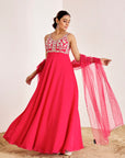 Hand Embroidered Gown with Net Sequins Dupatta and Scallop Border