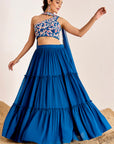 Tiered Plain Lehenga with One Shoulder Embroidered Blouse and Choker Dupatta