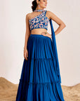 Tiered Plain Lehenga with One Shoulder Embroidered Blouse and Choker Dupatta