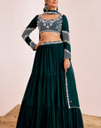 Three-Tiered Lehenga with Hand Embroidered Blouse and Pearl Detailed Dupatta