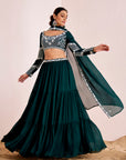 Three-Tiered Lehenga with Hand Embroidered Blouse and Pearl Detailed Dupatta