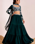 Three-Tiered Lehenga with Hand Embroidered Blouse and Pearl Detailed Dupatta