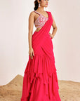 Pre-Draped Layered Skirt Saree with Hand Embroidered Blouse