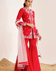 Hand Embroidered Jacket Style Kurti with Sharara and Net Dupatta