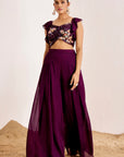 Embellished Crop Top with Ruffle Sleeves & Pleated Flared Pants