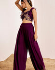 Embellished Crop Top with Ruffle Sleeves & Pleated Flared Pants
