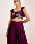 Embellished Crop Top with Ruffle Sleeves & Pleated Flared Pants