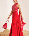 Hand Embroidered Halter Neck Crop Top with Slit Skirt & Dupatta