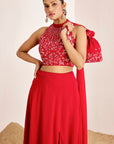 Hand Embroidered Halter Neck Crop Top with Slit Skirt & Dupatta