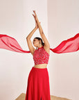 Hand Embroidered Halter Neck Crop Top with Slit Skirt & Dupatta
