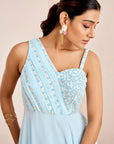 Hand Embroidered One Shoulder Gown with Tucks and Embroidered Strap