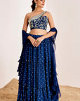 Mirror Work One Shoulder Blouse with Sequin Tiered Lehenga and Ruffle Dupatta