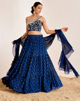 Mirror Work One Shoulder Blouse with Sequin Tiered Lehenga and Ruffle Dupatta