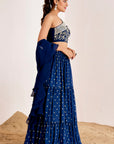 Mirror Work One Shoulder Blouse with Sequin Tiered Lehenga and Ruffle Dupatta