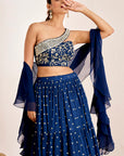 Mirror Work One Shoulder Blouse with Sequin Tiered Lehenga and Ruffle Dupatta