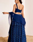Mirror Work One Shoulder Blouse with Sequin Tiered Lehenga and Ruffle Dupatta
