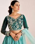 Hand Embroidered Blouse with Ombre Sequin Lehenga and Pearl Border Dupatta