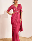 Sequin Embroidered Wrap Blouse with Plain Pre-Draped Saree