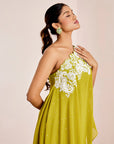 One Shoulder Long Top with Flared Pants & Cutwork Embroidery