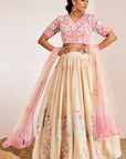 Mirror Work Blouse with Embroidered Lehenga and Shaded Net Dupatta