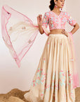 Mirror Work Blouse with Embroidered Lehenga and Shaded Net Dupatta