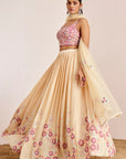 Hand Embroidered Blouse with Pleated Lehenga and Pearl Lace Net Dupatta