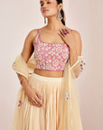 Hand Embroidered Blouse with Pleated Lehenga and Pearl Lace Net Dupatta