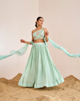 Zigzag Sequin Lehenga with One Shoulder Hand Embroidered Blouse and Ruffle Dupatta