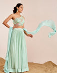 Zigzag Sequin Lehenga with One Shoulder Hand Embroidered Blouse and Ruffle Dupatta