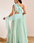 Zigzag Sequin Lehenga with One Shoulder Hand Embroidered Blouse and Ruffle Dupatta