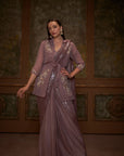 Pre Draped Mirror Work Smoked Blouse Saree in Yellow Crepe