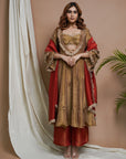 Golden Tissue Silk Anarkali Suit Set (Set Of 4)