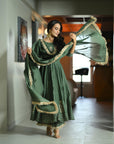 Mehendi Green Chanderi Silk Anarkali Suit Set (Set Of 3)