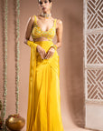 Canary Yellow Pre-Drape Saree Set (Set Of 2)