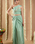 Mint Green Patchwork Corset Draped Saree (Set Of 2)
