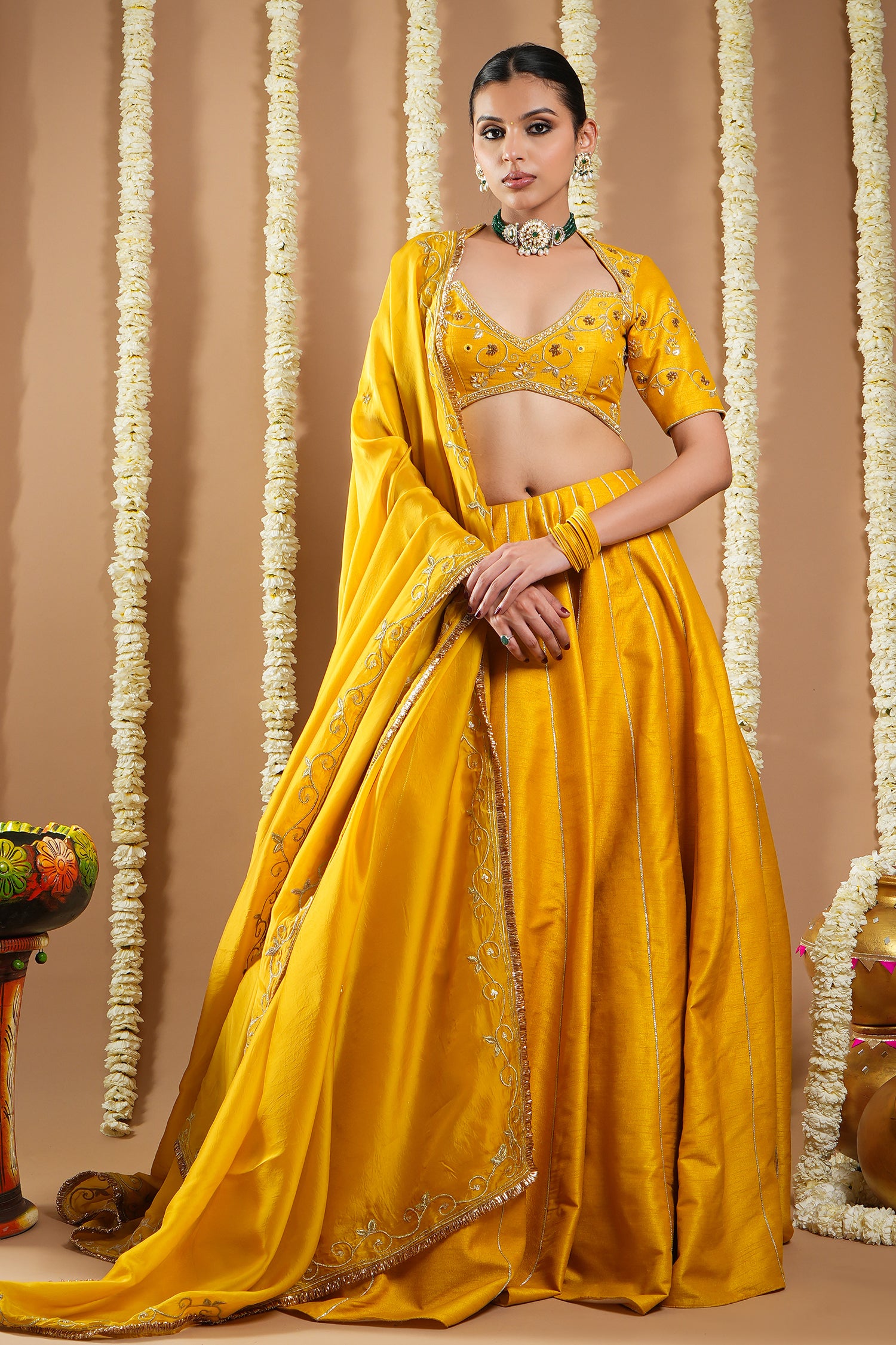 Mustard Yellow Heavy Slub Silk Lehenga Set (Set Of 3)