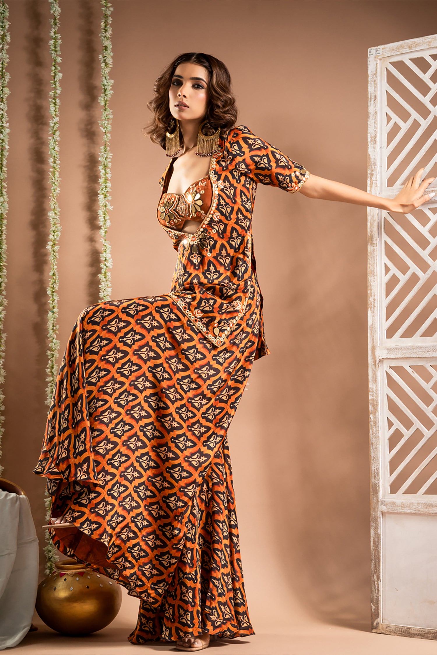 Black Rust Printed Indo-Kurta Set (Set Of 3)