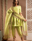 Green Short Anarkali-Tulip Salwar Set (Set Of 3)