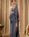 Grey Ruched Pre Draped Saree (Set Of 2)