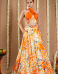 Forest Orange Printed Corset Drape Indo Lehenga Set (Set Of 2)