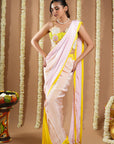 Yellow / Pink Flower Applique Pre Draped Saree (Set Of 2)