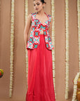 Red Tile Printed Coat And Drape Skirt Set (Set Of 2)
