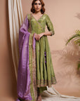 Green Purple Tissue Silk Angrakha Anarkali Set (Set Of 3)