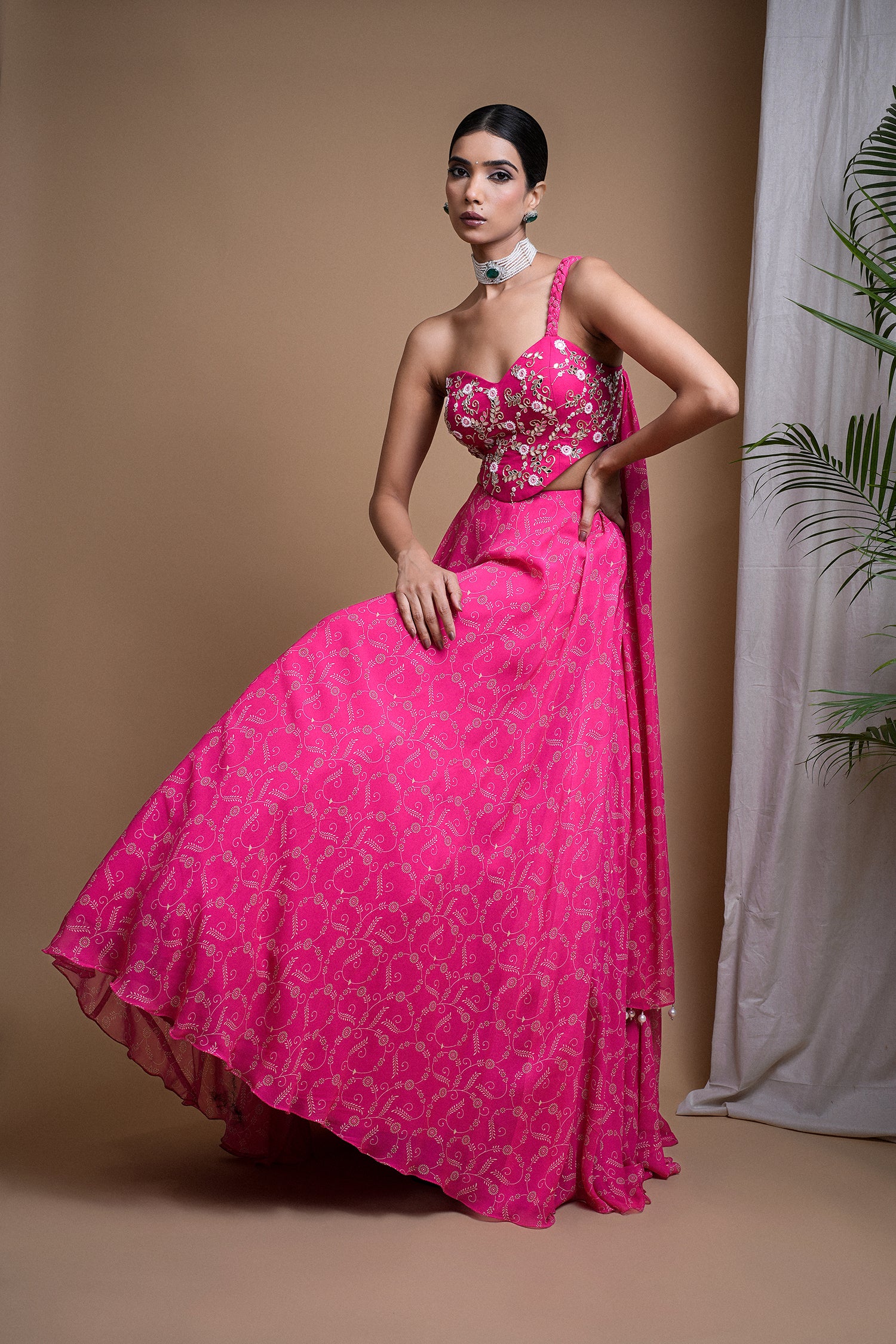 Hot Pink Digital Print Indo Lehenga Set (Set Of 2)